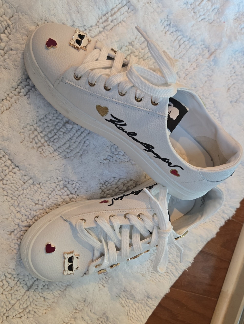 Karl Lagerfeld Kids White Sneakers with Gold & Red Heart Accents